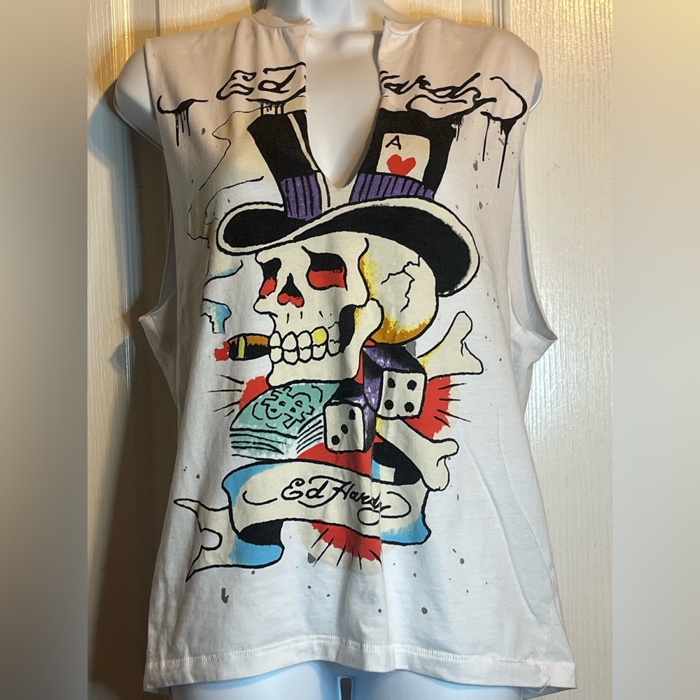 💀 Vintage Ed Hardy Skull Top Hat Muscle Tee - White - V-Neck - Size Small 💀